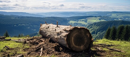 Poster - Tree stump amidst field with distant mountains