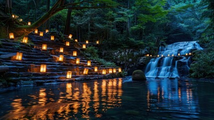 Wall Mural - A nighttime scene at a forest waterfall, illuminated by lanterns that create a warm and inviting glow around the water 