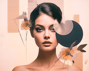 Wall Mural - Abstract minimal collage featuring a woman's face, flowers,  circles and rectangles, fashion illustration .