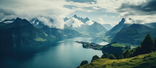 Poster - A serene lake embraced by towering mountains under cloudy skies