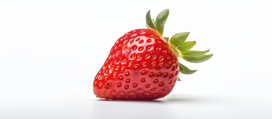 Poster - A single strawberry with a green leaf on a plain background