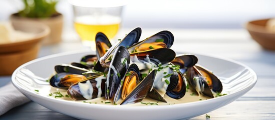 Poster - Plate of mussels in savory sauce with a side of beer