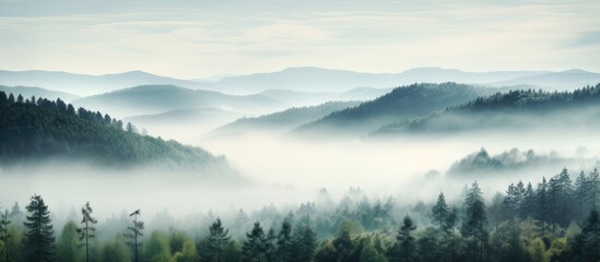 Poster - Mountain forest shrouded in fog with distant peaks