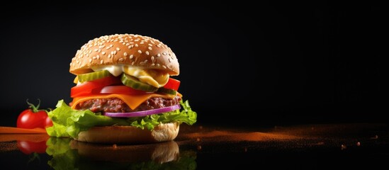 Poster - Close-up burger with lettuce, tomato, cheese, and onion