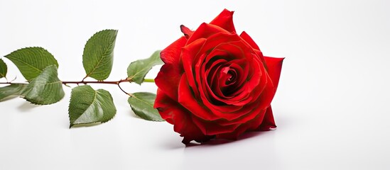 Poster - Red rose and green leaves on white