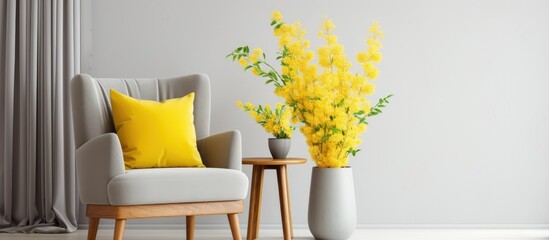 Poster - Gray chair yellow pillows vase flowers