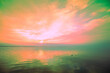 Seascape in the early morning. Calm sea at dawn with beautiful sky. Artistic pink green gradient color