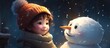 A child stands by a snowman
