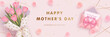 Mothers day horizontal billboard or web banner with realistic 3d pink tulips, envelope and golden text on pink background. Floral festive elegant wallpaper. Vector illustration