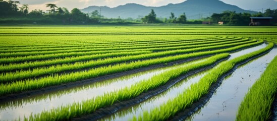 Poster - Green grass field with distant mountain