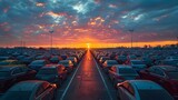 Fototapeta  - Many preowned cars for sale under a cloudy sky. Concept Preowned Car Sales, Cloudy Atmosphere, Automobile Inventory, Shopping Deals, Vehicle Selection