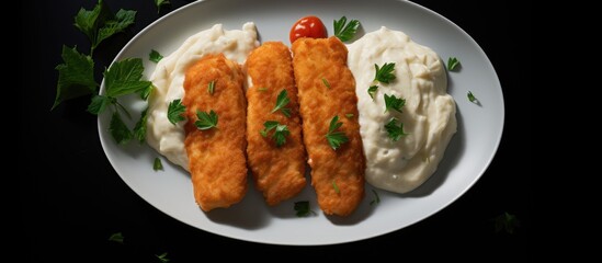 Poster - Three fish sticks, mashed potatoes, parsley on plate