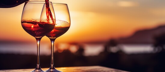 Poster - Pouring wine into glass sunset table
