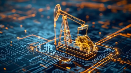 Oil Derrick Structure with Glowing Circuit Board Design