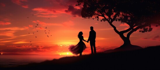 Canvas Print - Couple under tree, birds in sky at sunset