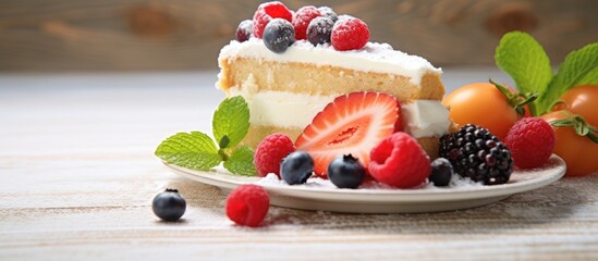 Poster - Plate holds cake adorned with berries and mint