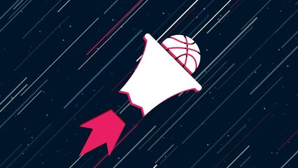 Poster - Basketball symbol flies through the universe on a jet propulsion. The symbol in the center is shaking due to high speed. Seamless looped 4k animation on dark blue background with stars