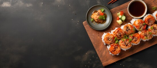 Poster - Sushi rolls with shrimp and veggies on wooden plate