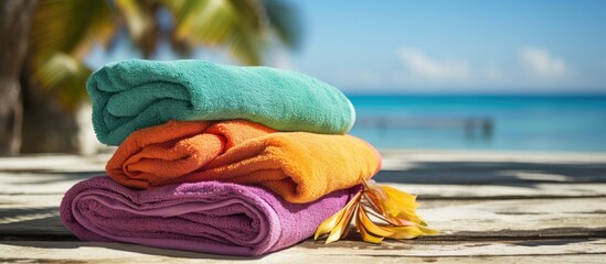 Poster - Colorful towels and flip flops by the shore