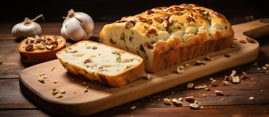 Poster - Loaf of bread on wooden cutting board with knife