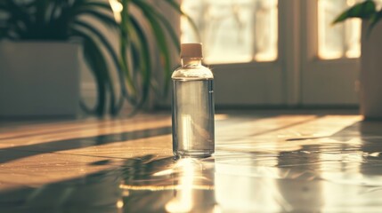 A clear white bottle with a lone serum lay on the floor with the sunlight shining on the side