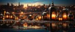 Ramadan Kareem background with mosque, lanterns and reflection in water