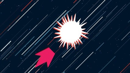 Poster - Sea urchin symbol flies through the universe on a jet propulsion. The symbol in the center is shaking due to high speed. Seamless looped 4k animation on dark blue background with stars