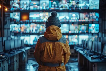 Poster - Person in yellow jacket from behind looking at a wall of surveillance screens in control room