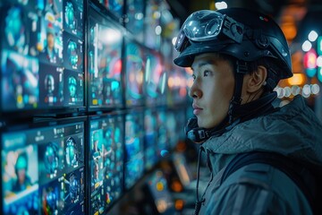 Poster - The image displays a security officer monitoring multiple surveillance screens, equipped with a helmet and headset, depicting a high-security environment