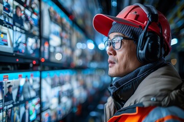 Poster - A fire safety officer in a red helmet attentively watches multiple screens, signifying preparedness and emergency response capabilities