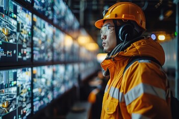 Poster - A professional engineer in safety gear observes multiple screens in a high-tech control room