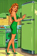 A woman in a green dress stands in front of a green refrigerator