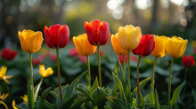 Group Of Red And Yellow Tulips In A Garden Bed With Fresh Green Foliage