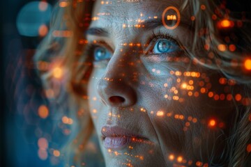 Poster - Blurry abstract background of glowing tech elements and circuit patterns with a hint of feminine hair detail at the edge