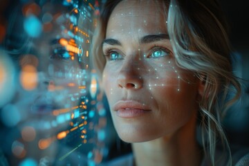 Poster - Contemplative female with features illuminated by futuristic digital light patterns in a high-tech environment