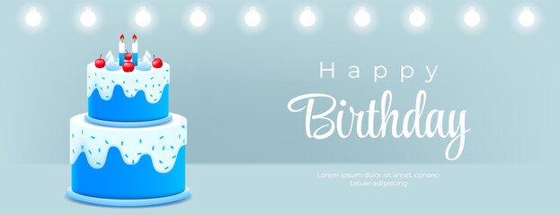 happy birthday card for a boy with blue white 3d cake and lamp on blue background. vector illustration