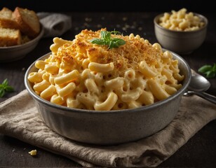 Wall Mural - A serving of creamy macaroni and cheese made with three types of cheese and baked until golden and bubbly.
