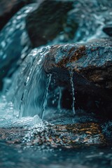 Poster - Close-up view of a flowing stream with rocks in the background. Ideal for nature or environmental concepts