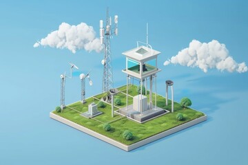 Poster - A small tower with wind turbines on top. Suitable for renewable energy concept