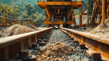 Poster - Close up of train track near a building, suitable for transportation themes