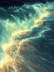 Wall Mural - Illustration of bioluminescent waves washing onto a beach, the natural light creating a mystical and otherworldly scene