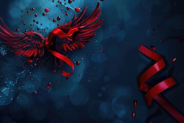 Poster - A striking image of a red bird with a ribbon on a vibrant blue background. Perfect for various design projects
