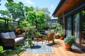 Beautiful of modern terrace with deck flooring and fence, green potted flowers plants and outdoors furniture. Cozy relaxing area at home.