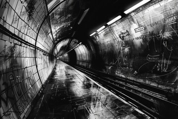 Poster - A monochrome image of a subway station. Perfect for urban-themed projects