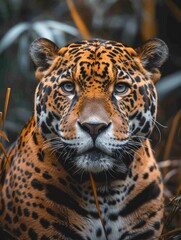 Wall Mural - jaguar in the water on the river. green natural jungle background. panthera onca.