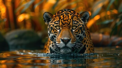 Wall Mural - jaguar in the water on the river. green natural jungle background. panthera onca.
