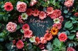 Mothers Day heart shaped greeting with an arrangement of beautiful flower.