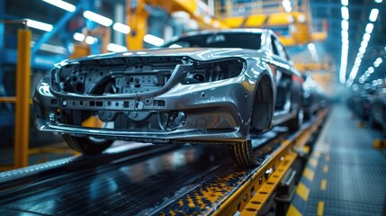 Fototapete - Car body on an automotive assembly line in a factory before paint is applied. Movement of vehicles along the production line at the plant.