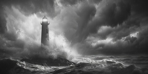 Poster - A black and white photo of a lighthouse on a stormy day. Suitable for weather-related concepts