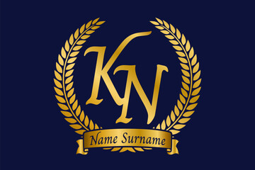 Initial letter K and N, KN monogram logo design with laurel wreath. Luxury golden calligraphy font.